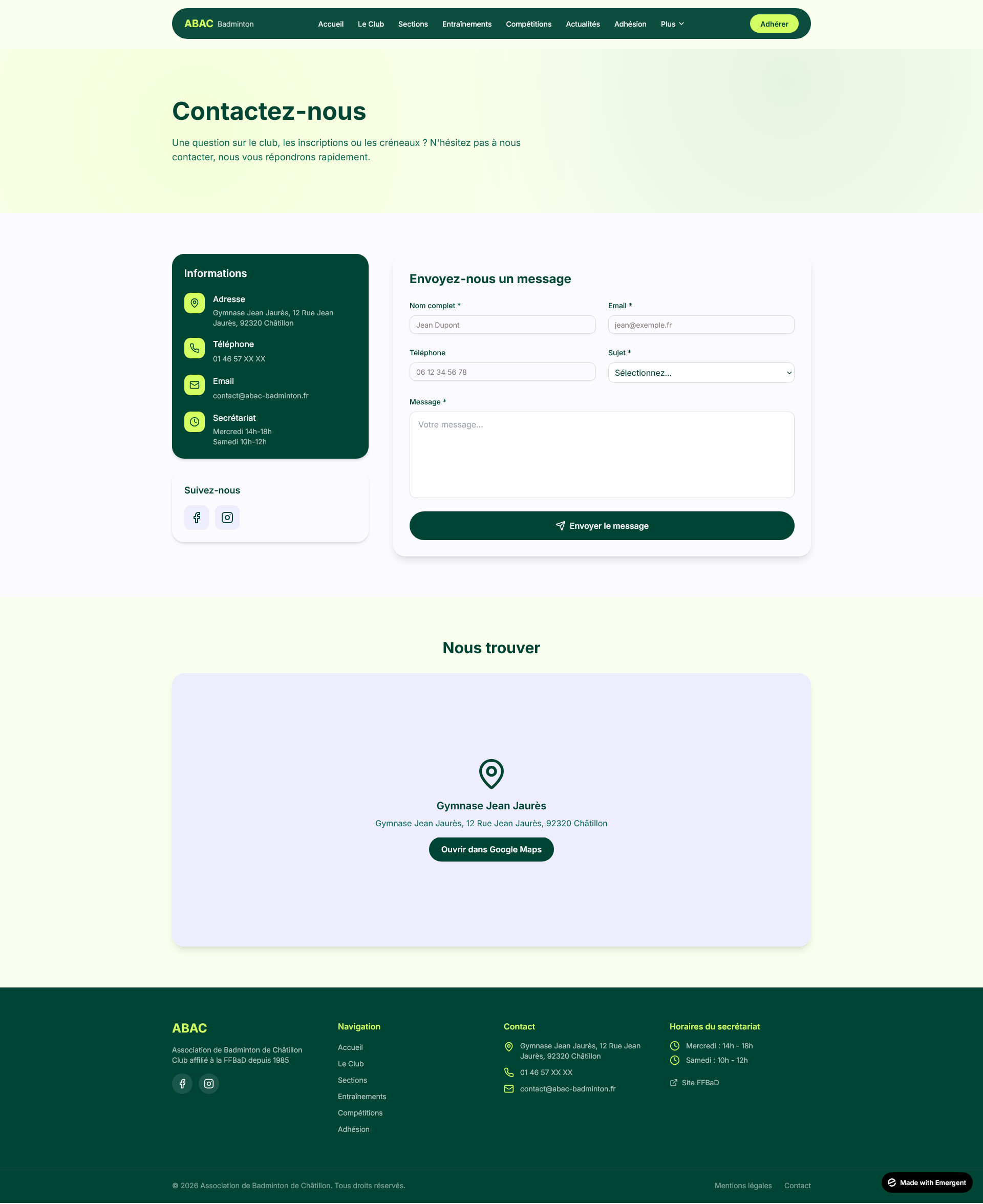 Page Contact Club badminton Page Contact Club badminton