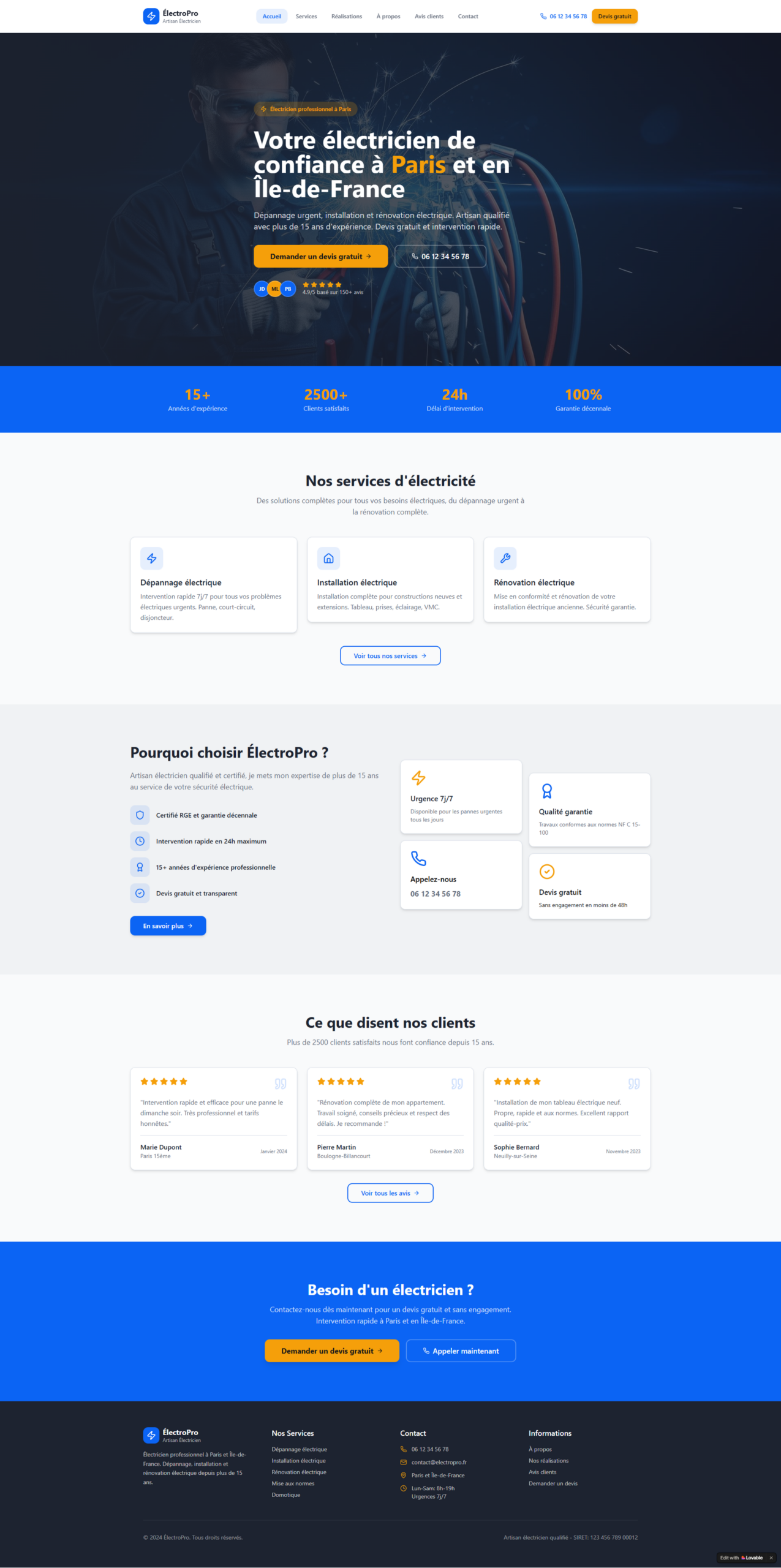 Page Accueil artisan électricien