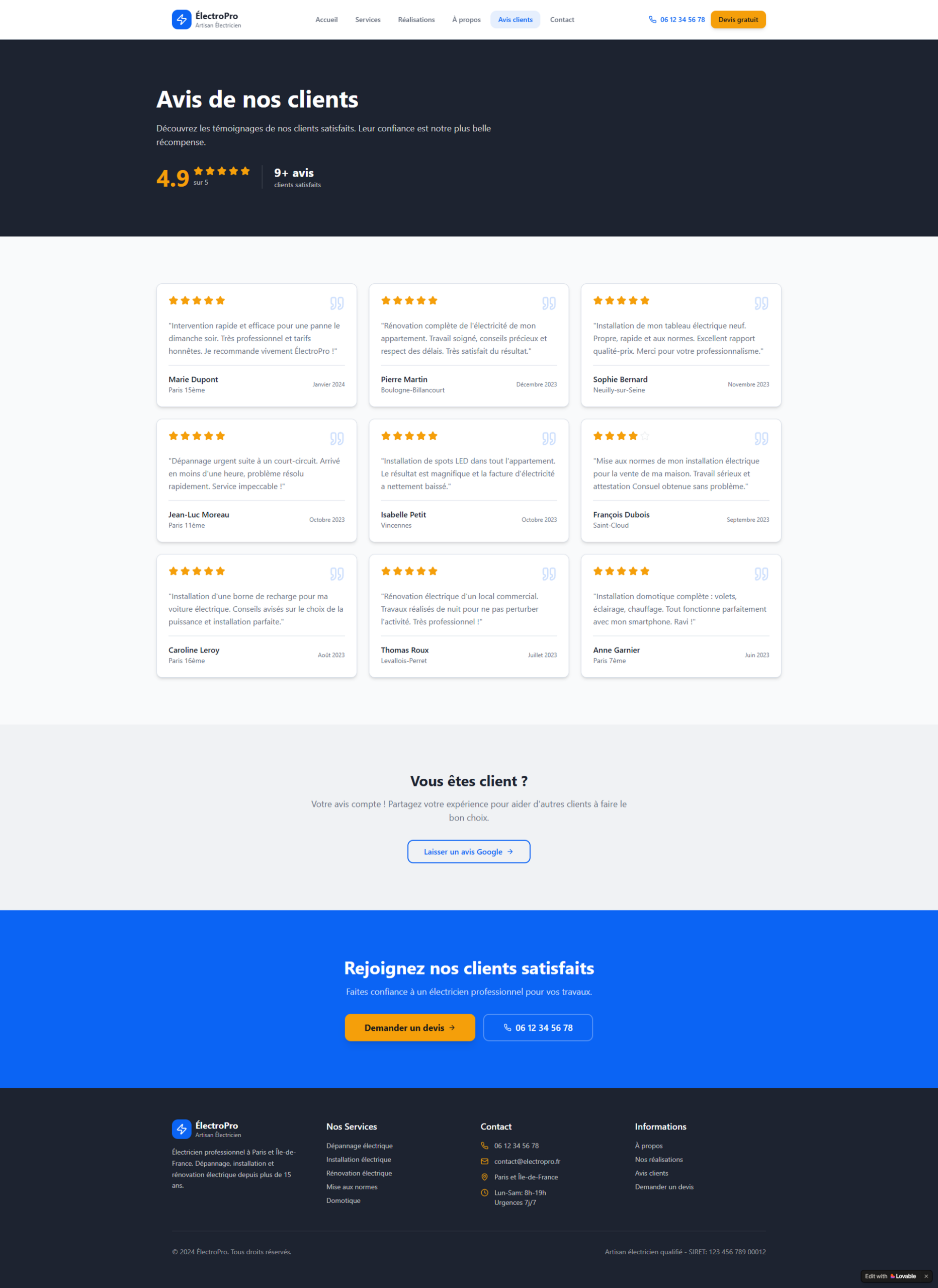 Page Avis clients artisan électricien Page Avis clients artisan électricien