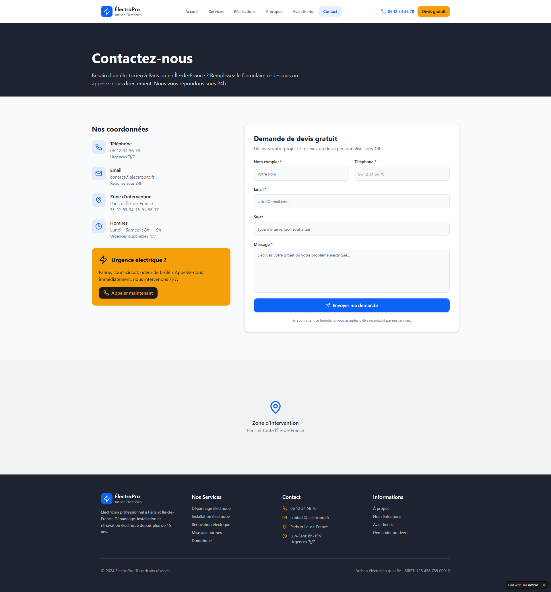 Page Contact artisan électricien Page Contact artisan électricien